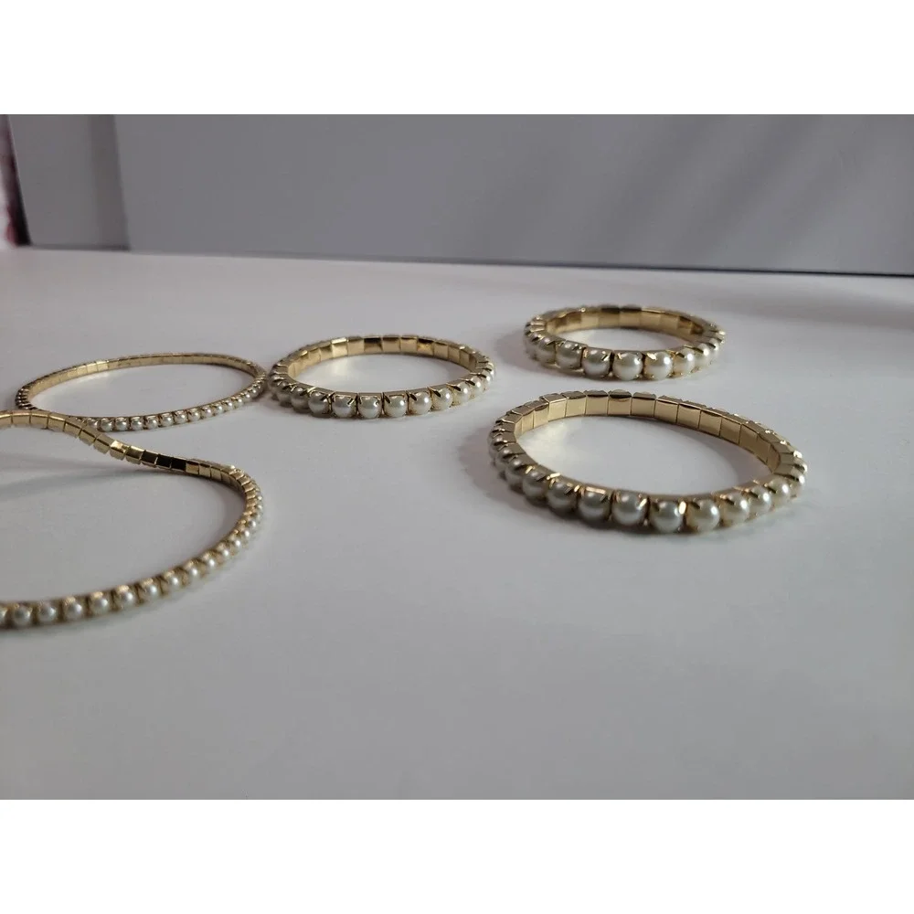 Lot of 5 Gold Tone White Beaded Stretch Bracelets Stackable Bundle